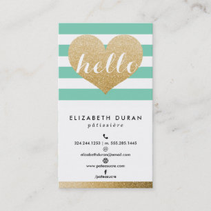 Glam Gold Glitter Hello Heart Mint Stripes Custom Business Card