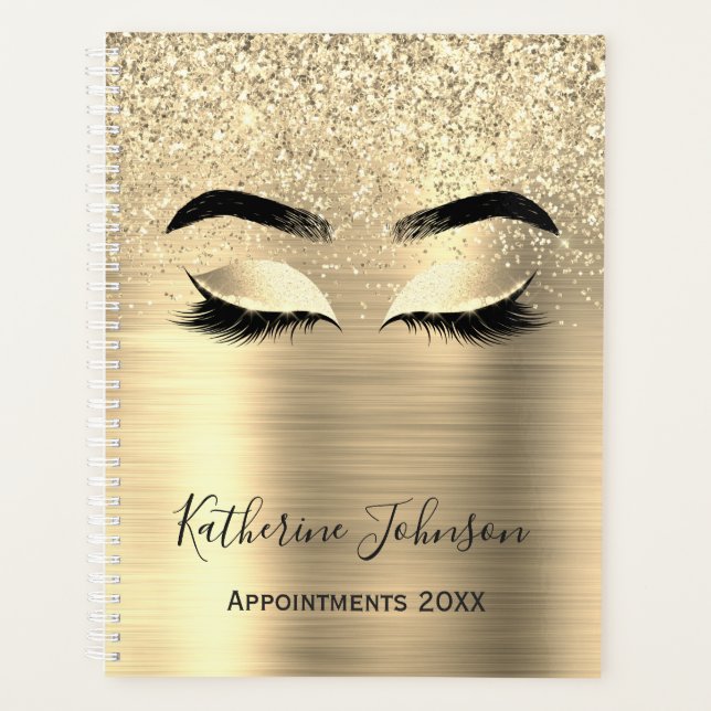 Glam Gold Glitter Metal Beauty Salon Lashes 2024 Planner (Front)