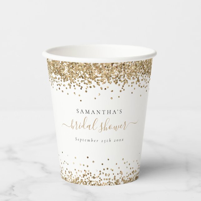 Glam Gold Glitter Name Date Bridal Shower Paper Cups (Front)