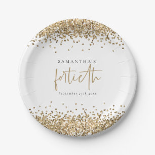 Glam Gold Glitter Name Date Fortieth Birthday Paper Plate