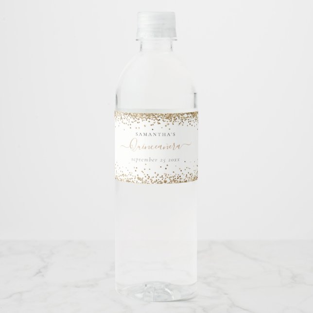 Glam Gold Glitter Name Date Quinceañera Party Water Bottle Label (Front)