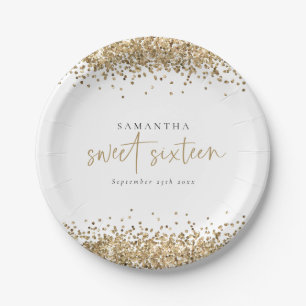 Glam Gold Glitter Name Date Sweet Sixteen Paper Plate