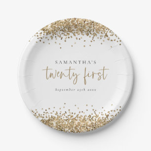 Glam Gold Glitter Name Date Twenty First Party Paper Plate