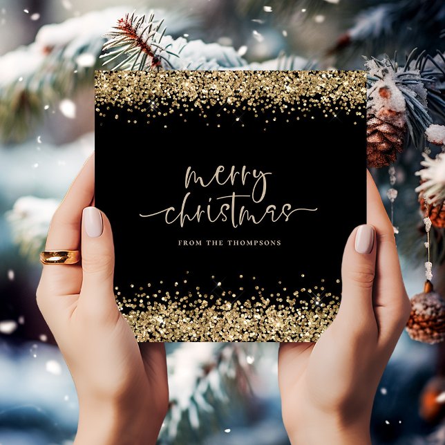 Glam Gold Glitter Name Merry Christmas Black Holiday Card (Creator Uploaded)