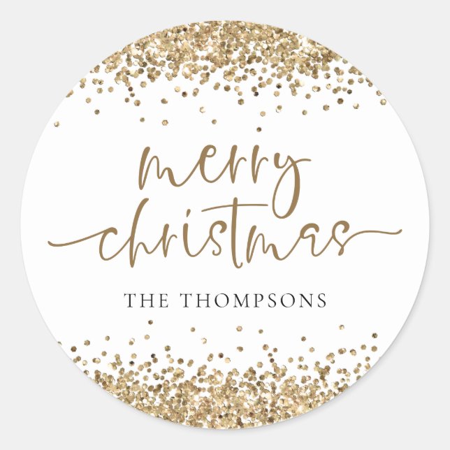 Glam Gold Glitter Name Merry Christmas  Classic Round Sticker (Front)