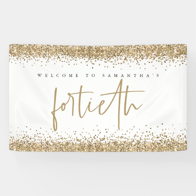 Glam Gold Glitter Name Welcome Fortieth Party Banner (Horizontal)