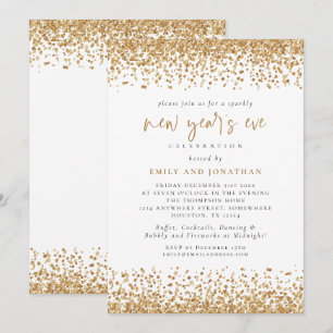 Glam Gold Glitter New Years Eve White Invitation