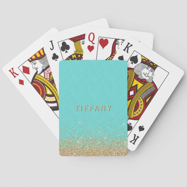 Glam Gold Glitter Ombre Blue Damask Custom Playing Cards (Back)