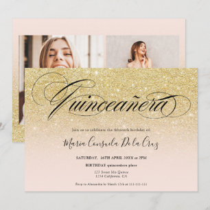 Glam gold glitter ombre script pink quinceañera invitation
