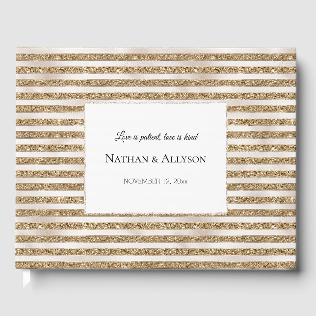 Glam Gold Glitter Pearl Stripes Guest Book (Front)