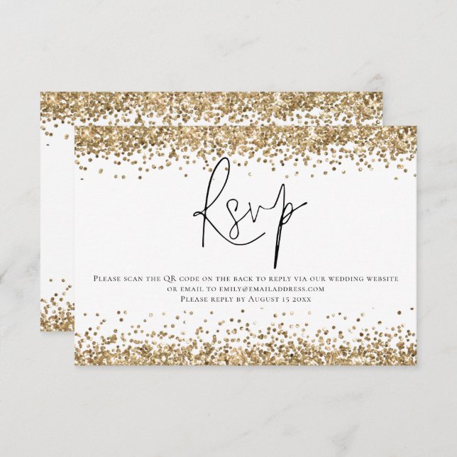 Glam Gold Glitter QR Code Script Wedding RSVP Card (Front/Back)