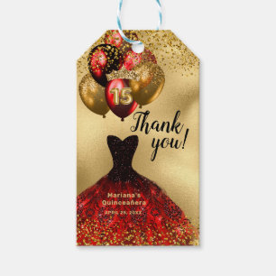 Glam Gold Glitter Red Dress Quinceanera Thank You Gift Tags