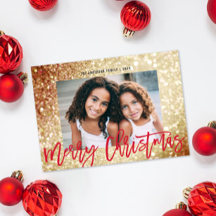 Glam Gold Glitter Red Script Christmas Photo Holiday Card