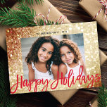 Glam Gold Glitter Red Script Christmas Photo Holiday Card<br><div class="desc">This modern yet elegant holiday photo card features a single horizontal photo over a gorgeous gold glitter image background, and a greeting in red script which says "Merry Christmas". This design accommodates a single horizontal photo on the front. The back of the card is the same glitter image, but can...</div>