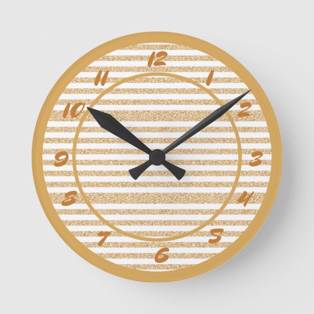 Glam Gold Glitter Sparkle Stripes Decorative Round Clock (Front)