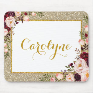 Glam Gold Glitter Watercolor Burgundy Pink Roses Mouse Pad