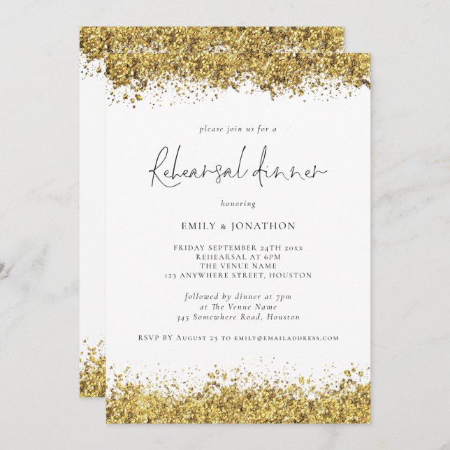 Glam Gold Glitter Wedding Rehearsal Dinner Invitation (Front/Back)