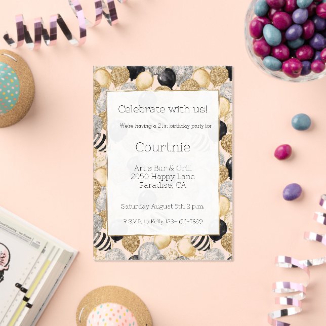 Glam Gold Glitzy Glitter Silver Balloons Birthday Acrylic Invitations (Insitu (Celebration))