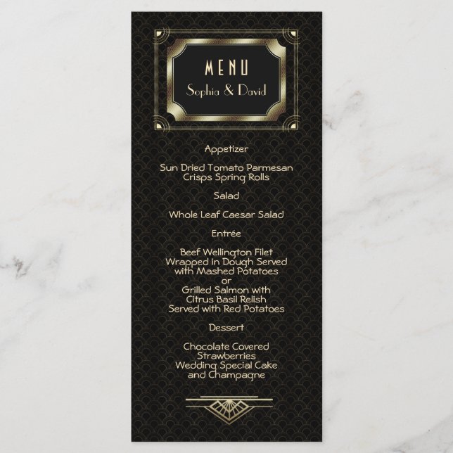 Glam Gold Great Gatsby Art Deco 20s Wedding Menu (Front)