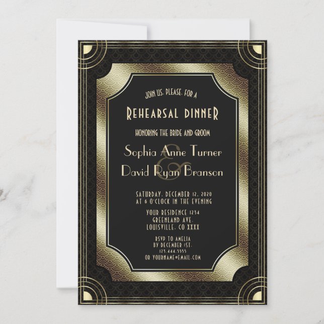 Glam Gold Great Gatsby Art Deco Rehearsal Dinner Invitation (Front)