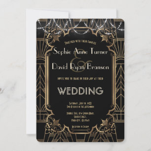 Glam Gold Great Gatsby Black Art Deco 20s Wedding Invitation