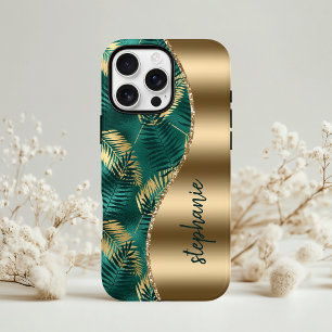 Glam Gold Green Tropical Foliage Pattern Name iPhone 13 Case