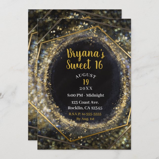 Glam Gold Iridescent Modern Abstract Glam Sweet 16 Invitation (Front/Back)