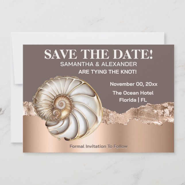 Glam Gold ivory Conch Shell Beach Save The Date Invitation (Front)