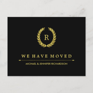 Glam Gold Laurel Wreath on Black Change of Address Announcement Postcard