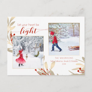 Glam Gold Leaves & Script 2-Photo Holiday Postcard