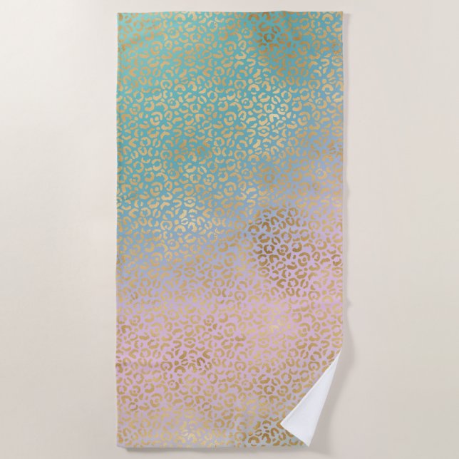 Glam Gold Leopard Print Aqua Pink Tie Dye Beach Towel (Front)