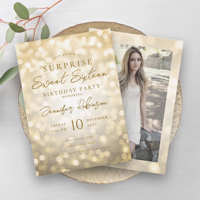 Glam Gold Lights Photo SURPRISE Sweet 16   Invitation (Glam Gold Lights Photo SURPRISE Sweet 16 Invitation)