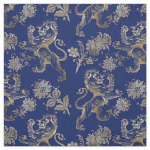 Glam Gold Lions Flowers Navy Blue Graphic Fabric