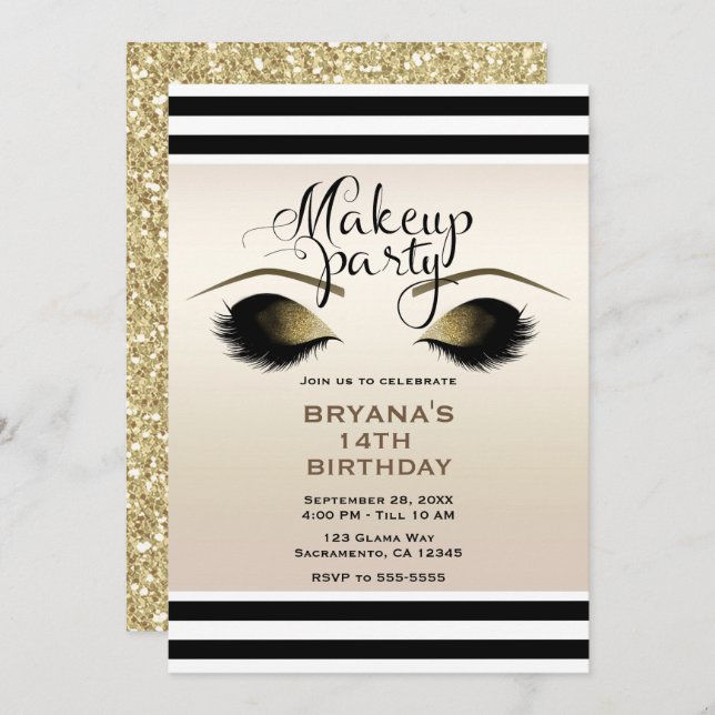 Glam Gold Makeup Eyelashes Beauty Custom Party Invitation (Front/Back)