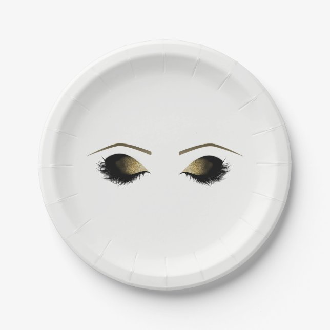 Glam Gold Makeup Eyelashes Personalized Beauty Paper Plate (Front)