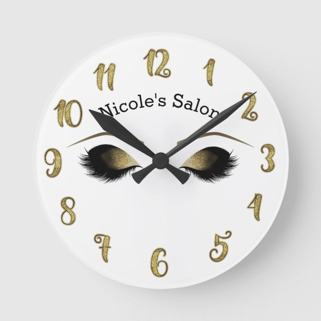 Glam Gold Makeup Eyes & Lashes Personalized Round Clock (Front)