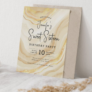 Glam Gold Marble Glitter Sweet 16 Party Invitation