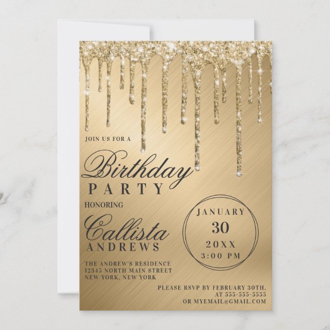 Glam Gold Metallic Glitter Drips Birthday Invitation (Front)