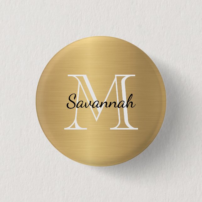 Glam Gold Monogram Faux Metal 1 Inch Round Button (Front)