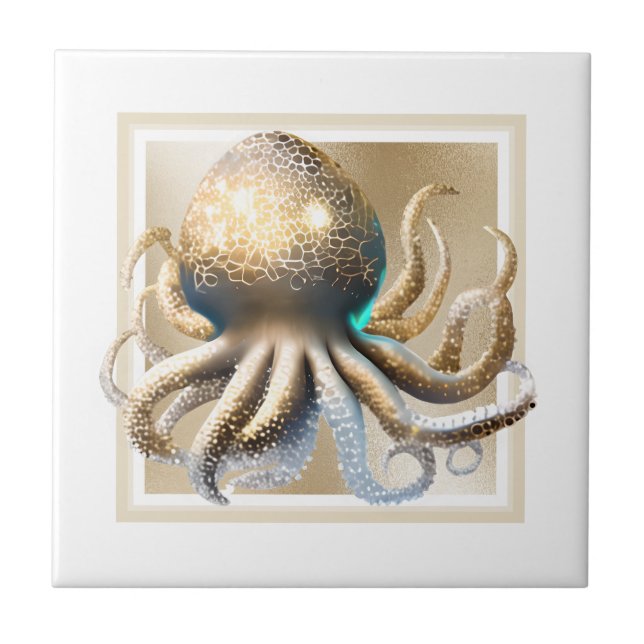 Glam gold octopus shimmer elegant beach theme tile (Front)