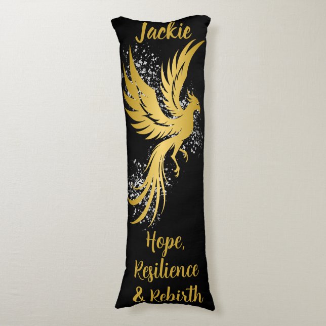 Glam Gold Phoenix Silver Glitter Monogram Black | Body Pillow (Front Vertical)