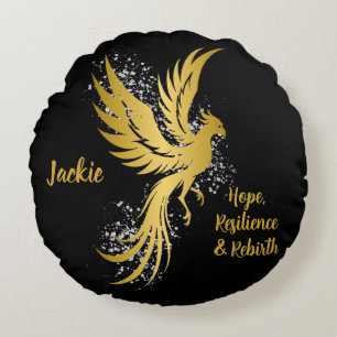 Glam Gold Phoenix Silver Glitter Monogram Black   Round Pillow