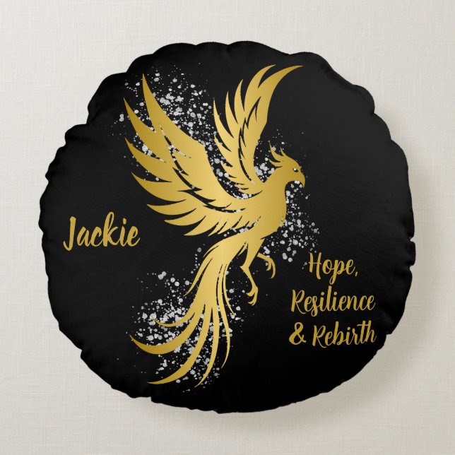 Glam Gold Phoenix Silver Glitter Monogram Black | Round Pillow (Front)