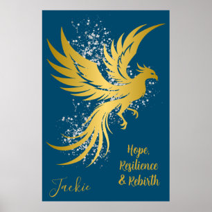 Glam Gold Phoenix Silver Glitter Monogram Blue Poster