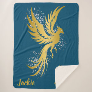 Glam Gold Phoenix Silver Glitter Monogram Blue Sherpa Blanket