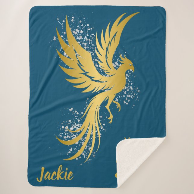 Glam Gold Phoenix Silver Glitter Monogram Blue | Sherpa Blanket (Front)