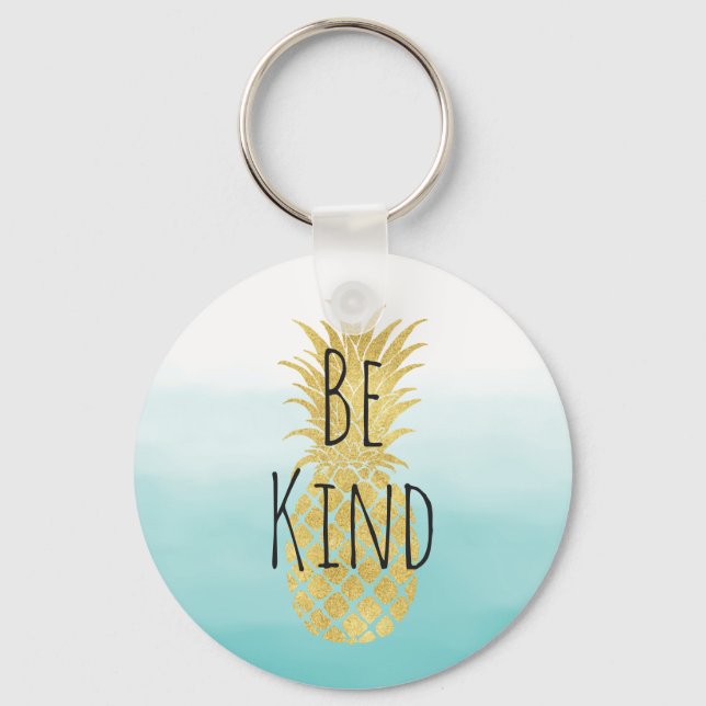 Glam Gold Pineapple Aqua Watercolor Ombre Keychain (Front)