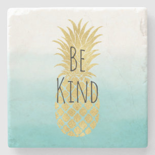 Glam Gold Pineapple Aqua Watercolor Ombre Stone Coaster