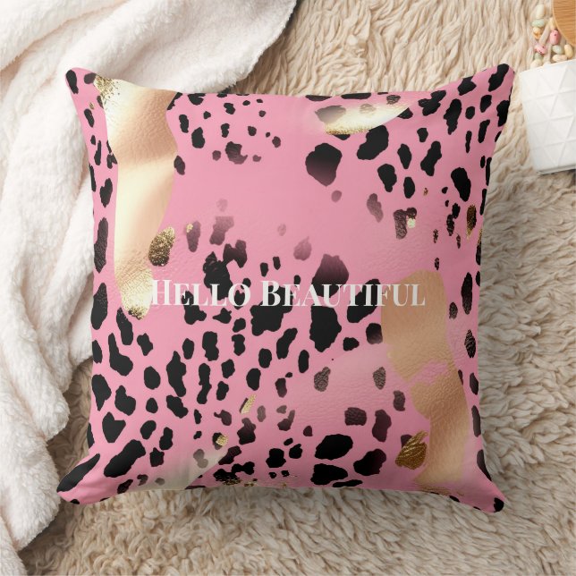Glam Gold Pink Black Leopard Print  Throw Pillow (Blanket)