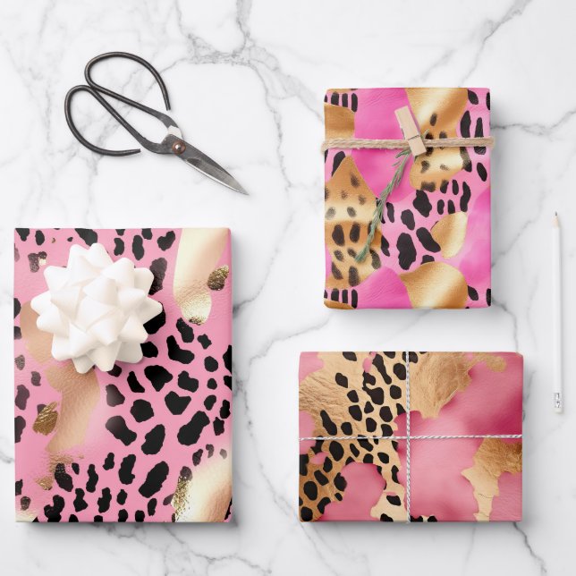 Glam Gold Pink Black Leopard Print  Wrapping Paper Sheet (Front)